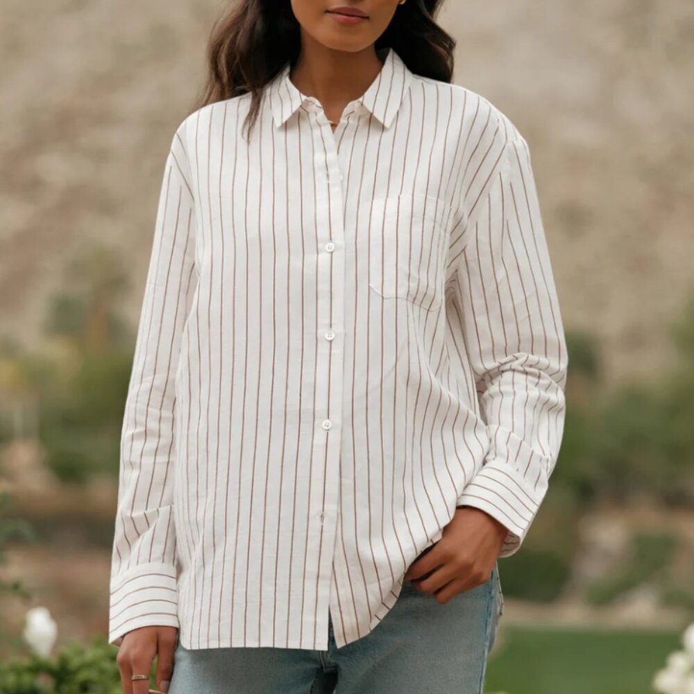 Jenni Kayne Boyfriend Shirt - Color Walnut Stripe Size L